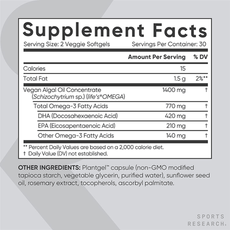 Sports Research Omega 3 Vegano - 60 Cápsulas Blandas Vegetales - Haz Tu Pedido