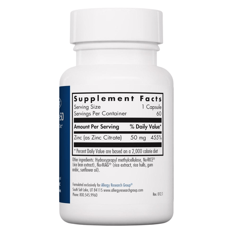 Allergy Research Group Citrato de zinc 50 mg - 60 Cápsulas Vegetales - Haz Tu Pedido