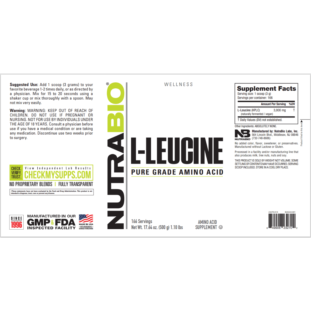 NutraBio Leucina - 500 g - Haz Tu Pedido