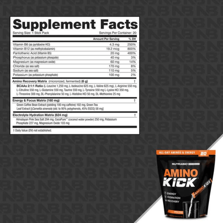 NutraBio Amino Kick - 20 Tubitos - Haz Tu Pedido