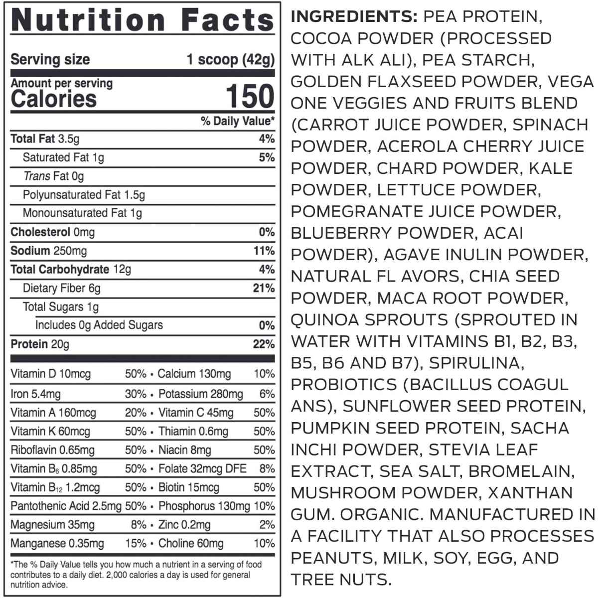 Vega Proteína Vegetal Todo en Uno - Sabor Chocolate - 375 g - Tabla Nutricional - Haz Tu Pedido