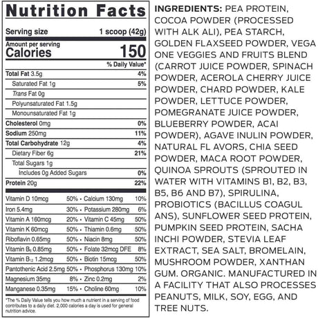Vega Proteína Vegetal Todo en Uno - Sabor Chocolate - 375 g - Tabla Nutricional - Haz Tu Pedido