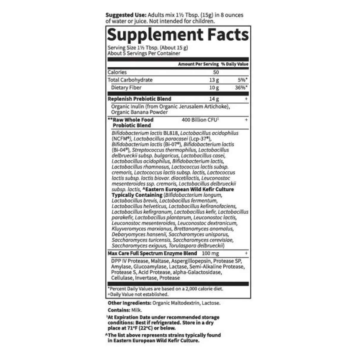 Garden of Life Probióticos Máximo Cuidado 5 Días para Salud Digestiva 400 Mil Millones CFU - Sabor Plátano - 75 g - Tabla Nutricional - Haz Tu Pedido