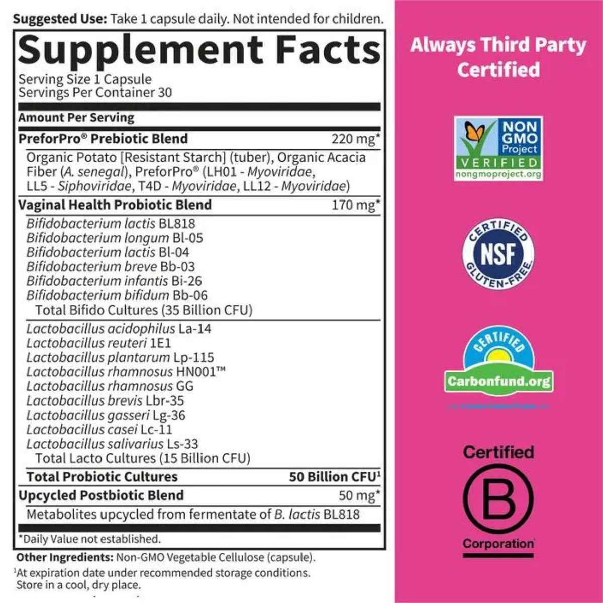 Garden of Life Probióticos Dr. Formulado Para Mujeres Salud Vaginal y PH Equilibrado 50 Mil Millones CFU - 30 Cápsulas Vegetarianas - Tabla Nutricional - Haz Tu Pedido