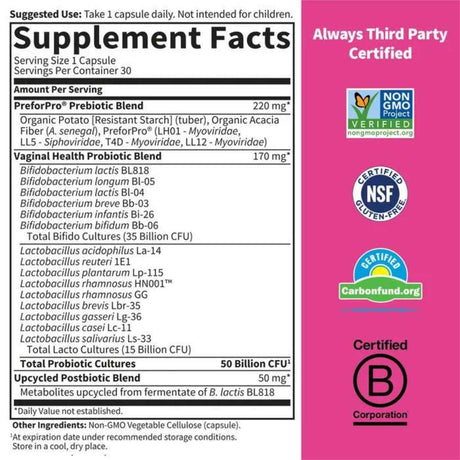 Garden of Life Probióticos Dr. Formulado Para Mujeres Salud Vaginal y PH Equilibrado 50 Mil Millones CFU - 30 Cápsulas Vegetarianas - Tabla Nutricional - Haz Tu Pedido