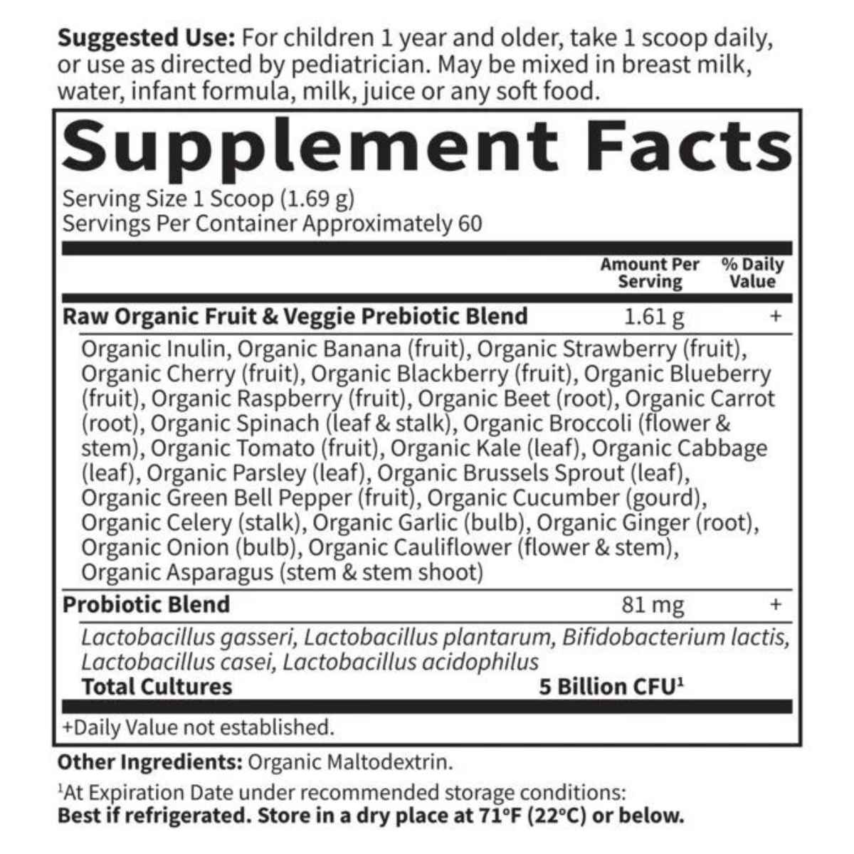 Garden of Life Probióticos Orgánicos para Niños 5 Mil Millones CFU - Sabor Plátano - 101,4 g - Tabla Nutricional - Haz Tu Pedido