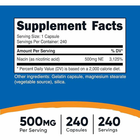 Niacina De vitamina B3 - 500 mg - 240 Cápsulas - Haz Tu Pedido