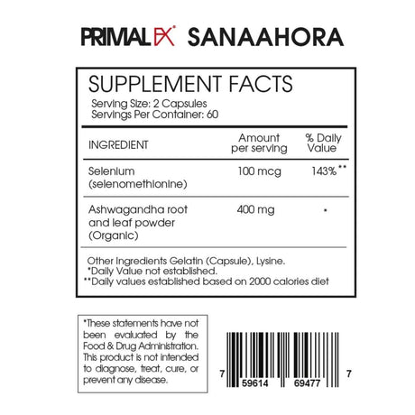 PrimalFX Selenio + Max T3 - 60 Cápsulas - Tabla Nutricional - Haz Tu Pedido