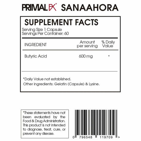PrimalFX Butirato + Ácido Butírico - 60 Cápsulas - Tabla Nutricional - Haz Tu Pedido