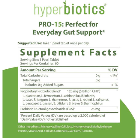 Hyperbiotics Probiótico PRO-15: Ideal Para El Soporte Diario Del Sistema Digestivo 5 Mil Millones CFU - 60 Microperlas de Liberación Prolongada - Tabla Nutricional - Haz Tu Pedido