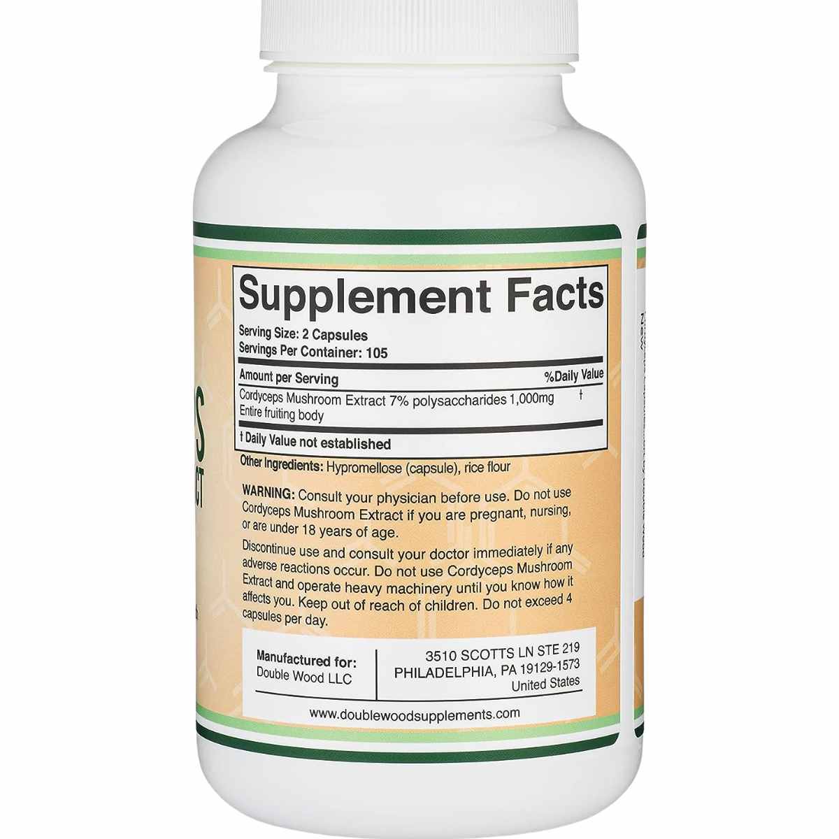 Double Wood Supplements Extracto de Hongo Cordyceps 1000 mg - 210 Cápsulas - Tabla Nutricional - Haz Tu Pedido
