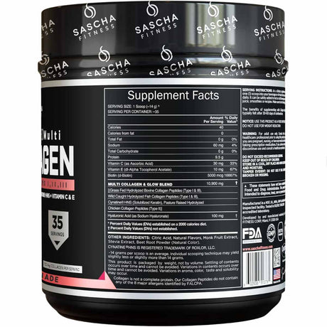 Sascha Fitness Hydrolyzed Collagen - Sabor Fresa y Limón - 490 g - Tabla Nutricional - Haz Tu Pedido