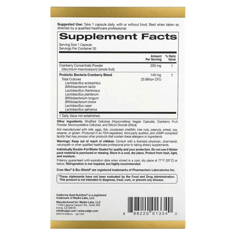 California Gold Nutrition CranMax® LactoBif Probióticos 25 Mil Millones CFU - Sabor Arándano Rojo - 30 Cápsulas Vegetales - Tabla Nutricional - Haz Tu Pedido