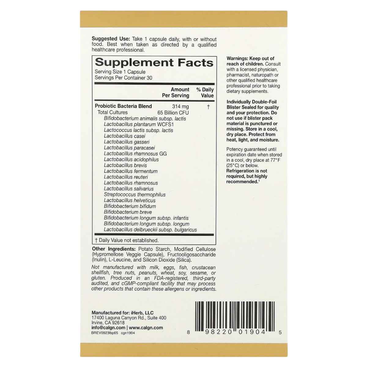 California Gold Nutrition LactoBif® 65 Probióticos 65 Mil Millones CFU - 30 Cápsulas Vegetales - Tabla Nutricional - Haz Tu Pedido