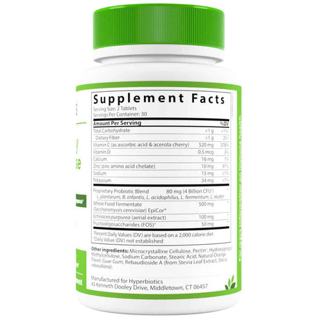 Hyperbiotics Epicor® Probiótico PRO Defensa Intestinal para Salud Digestiva e Inmunológica 4 Mil Millones CFU - 60 Tabletas de Liberación Prolongada - Tabla Nutricional - Haz Tu Pedido