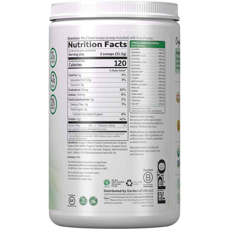 Garden of Life Proteína de suero de leche orgánica - Sabor Vainilla - 378  g - Tabla Nutricional - Haz Tu Pedido
