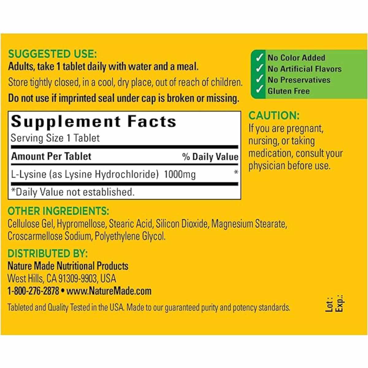 Nature Made L-Lisina 1000 mg - 60 Tabletas - Tabla Nutricional - Haz Tu Pedido