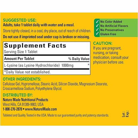 Nature Made L-Lisina 1000 mg - 60 Tabletas - Tabla Nutricional - Haz Tu Pedido