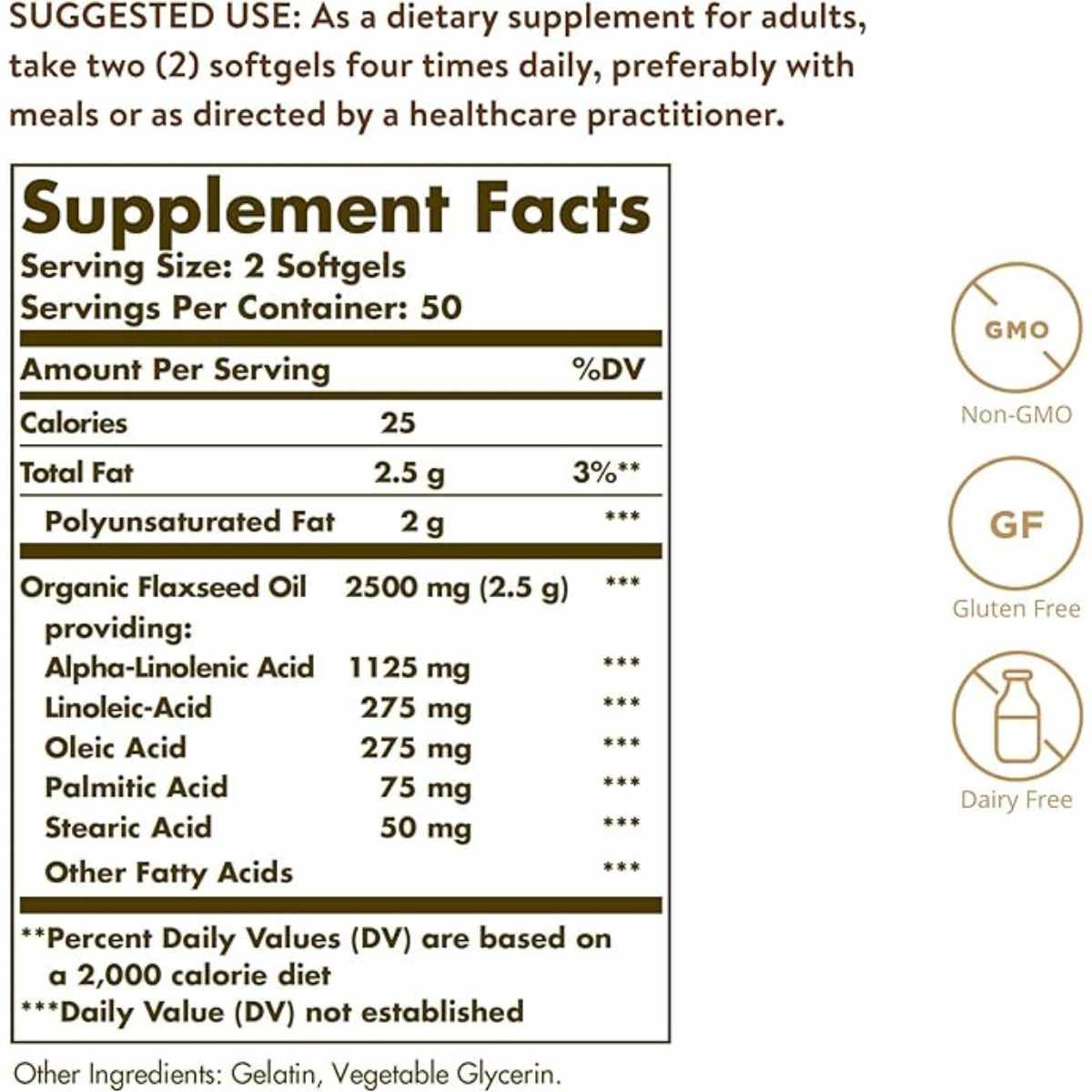 Solgar Aceite de Linaza  1250 mg - 100 Cápsulas Blandas - Tabla Nutricional - Haz Tu Pedido
