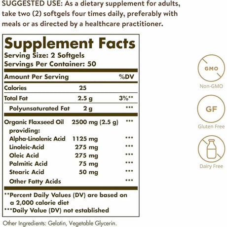 Solgar Aceite de Linaza  1250 mg - 100 Cápsulas Blandas - Tabla Nutricional - Haz Tu Pedido