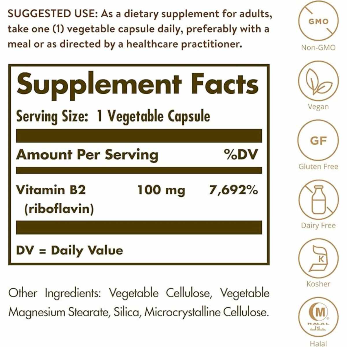 Solgar Vitamina B2 (Riboflavina)  100 mg - 100  Cápsulas Vegetales - Tabla Nutricional - Haz Tu Pedido