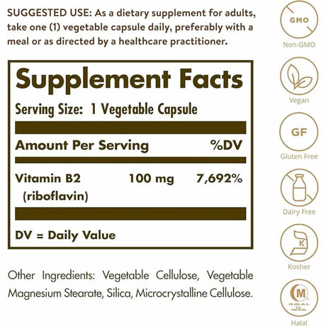Solgar Vitamina B2 (Riboflavina)  100 mg - 100  Cápsulas Vegetales - Tabla Nutricional - Haz Tu Pedido