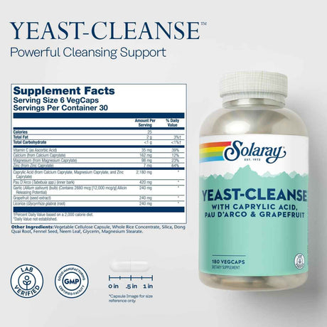 Solaray Yeast Cleanse - 180 Cápsulas - Haz Tu Pedido