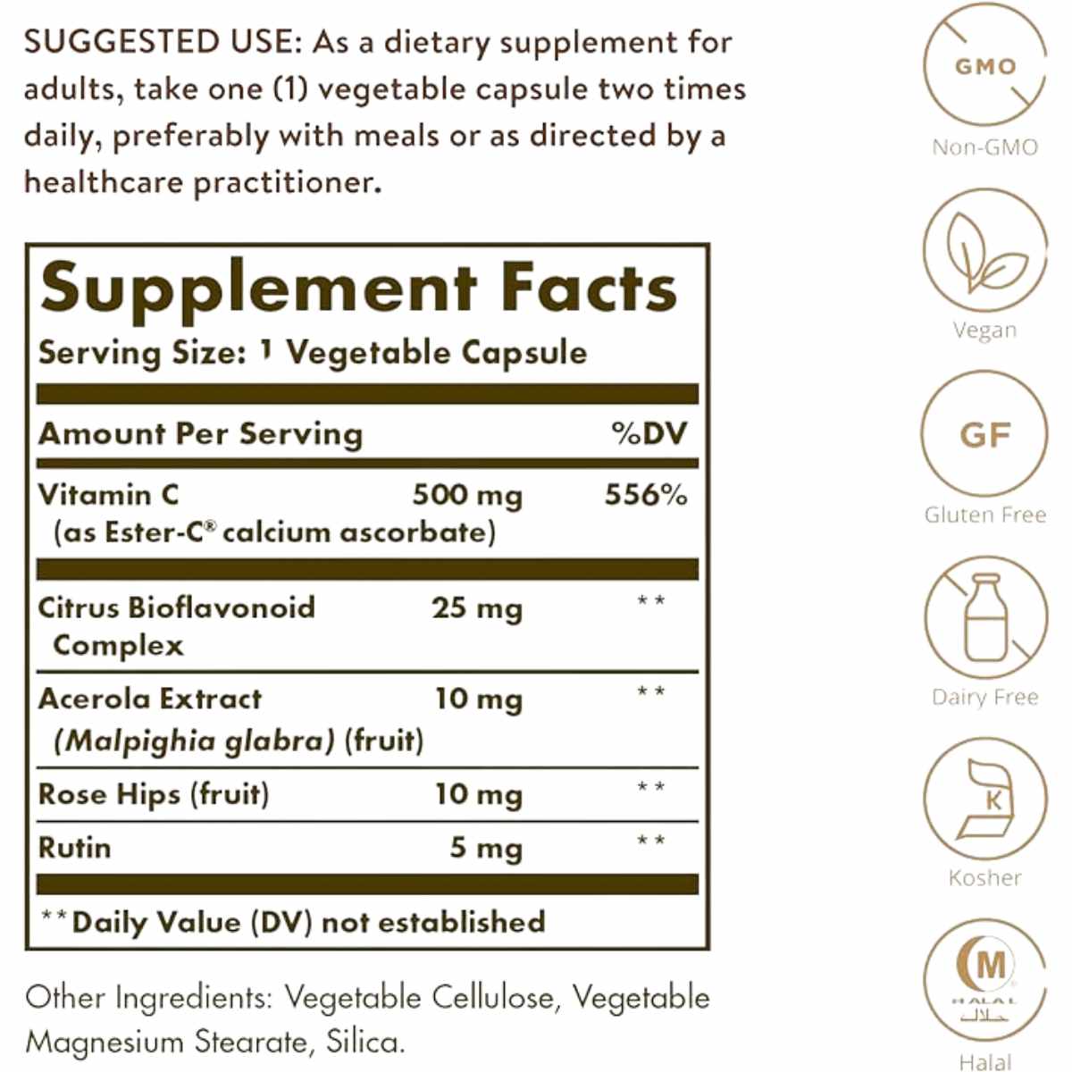 Solgar Ester-C® Plus 500 mg Vitamina C - 250 Cápsulas Vegetales - Tabla Nutricional - Haz Tu Pedido