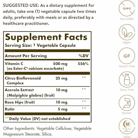 Solgar Ester-C® Plus 500 mg Vitamina C - 250 Cápsulas Vegetales - Tabla Nutricional - Haz Tu Pedido