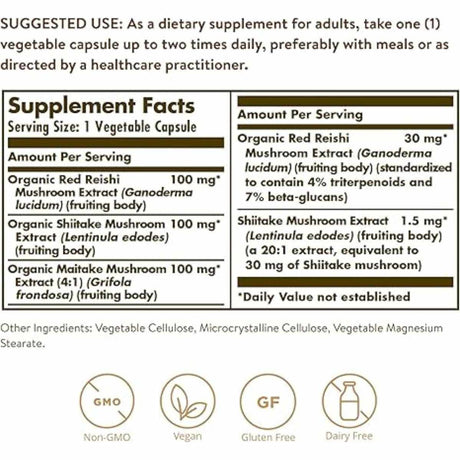 Solgar Extracto de Hongos Reishi, Shiitake, Maitake - 50 Cápsulas Vegetales - Tabla Nutricional - Haz Tu Pedido