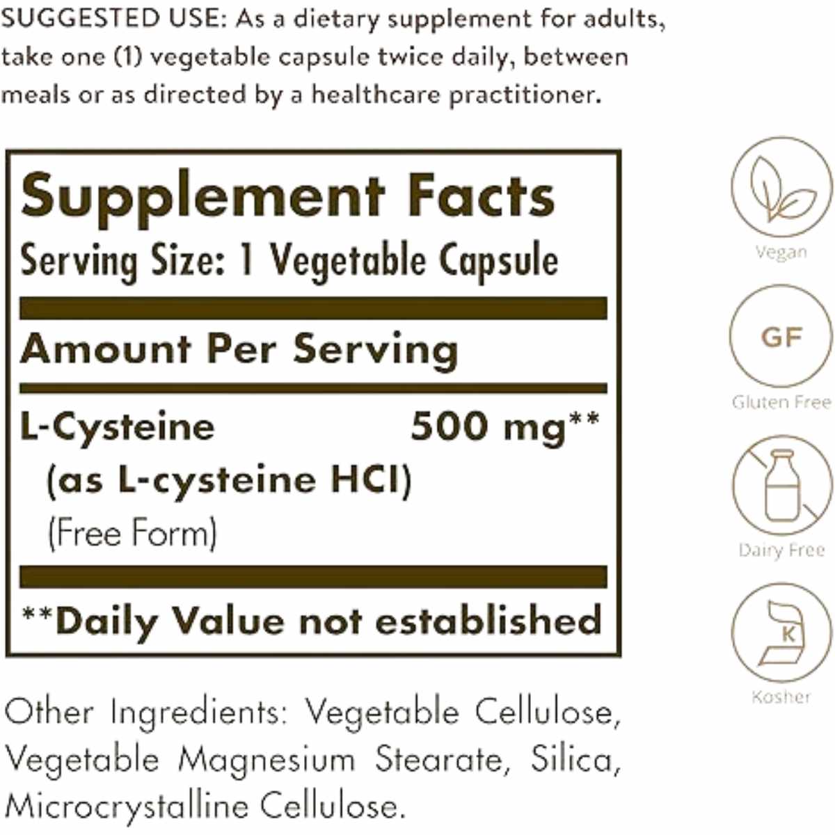 Solgar L-Cisteína 500 mg - 90 Cápsulas Vegetales - Tabla Nutricional - Haz Tu Pedido