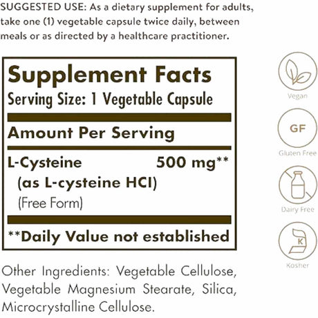 Solgar L-Cisteína 500 mg - 90 Cápsulas Vegetales - Tabla Nutricional - Haz Tu Pedido