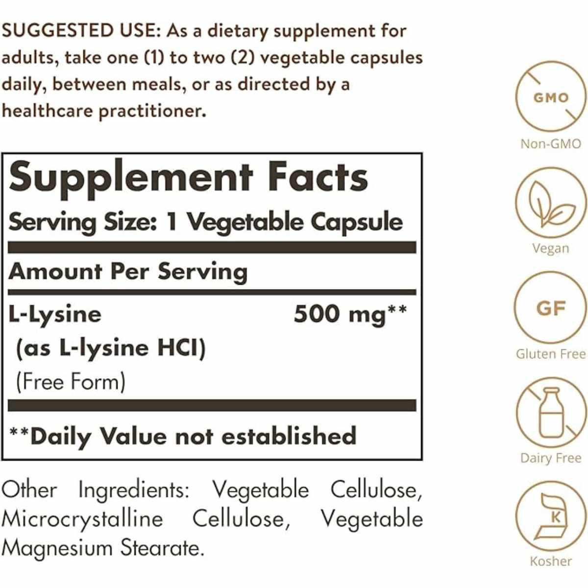 Solgar L-Lisina 500 mg - 250 Cápsulas Vegetales - Tabla Nutricional - Haz Tu Pedido