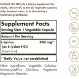Solgar L-Lisina 500 mg - 250 Cápsulas Vegetales - Tabla Nutricional - Haz Tu Pedido