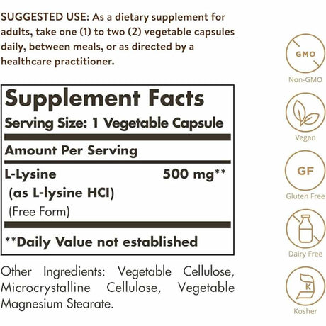 Solgar L-Lisina 500 mg - 250 Cápsulas Vegetales - Tabla Nutricional - Haz Tu Pedido
