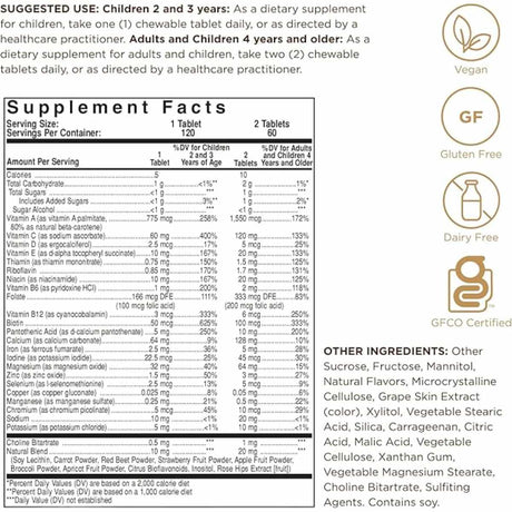 Solgar Multivitamínico y Mineral para Niños  - Sabor Bayas - 120  Tabletas Masticable - Tabla Nutricional - Haz Tu Pedido