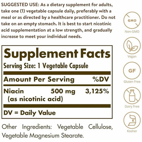 Solgar Niacina (Vitamina B3) 500 mg - 250 Cápsulas Vegetales - Tabla Nutricional - Haz Tu Pedido