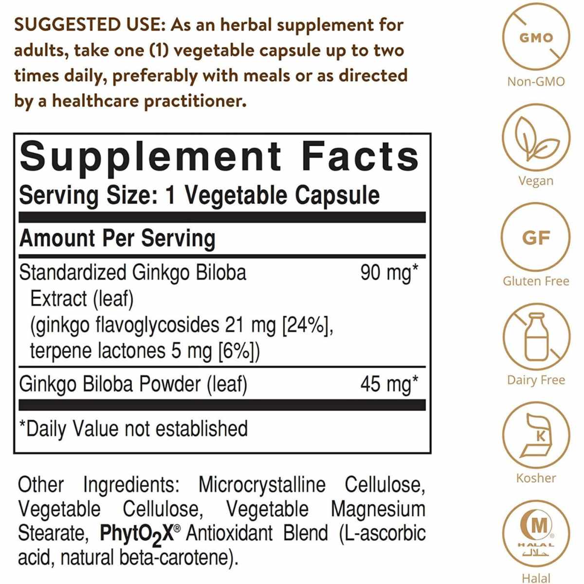 Solgar Extracto de Hoja de Ginkgo Biloba - 60  Cápsulas Vegetales - Tabla Nutricional - Haz Tu Pedido