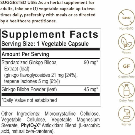 Solgar Extracto de Hoja de Ginkgo Biloba - 180 Cápsulas Vegetales - Tabla Nutricional - Haz Tu Pedido