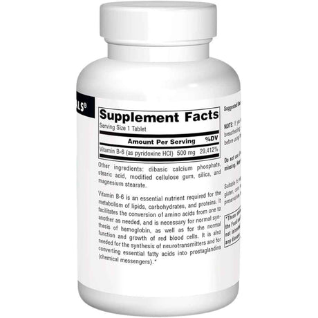 Source Naturals Vitamina B-6 500 mg - 100  Tabletas - Tabla Nutricional - Haz Tu Pedido