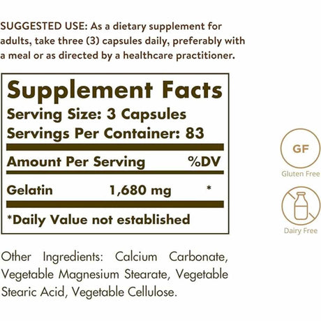 Solgar Gelatina - 250 Cápsulas - Tabla Nutricional - Haz Tu Pedido