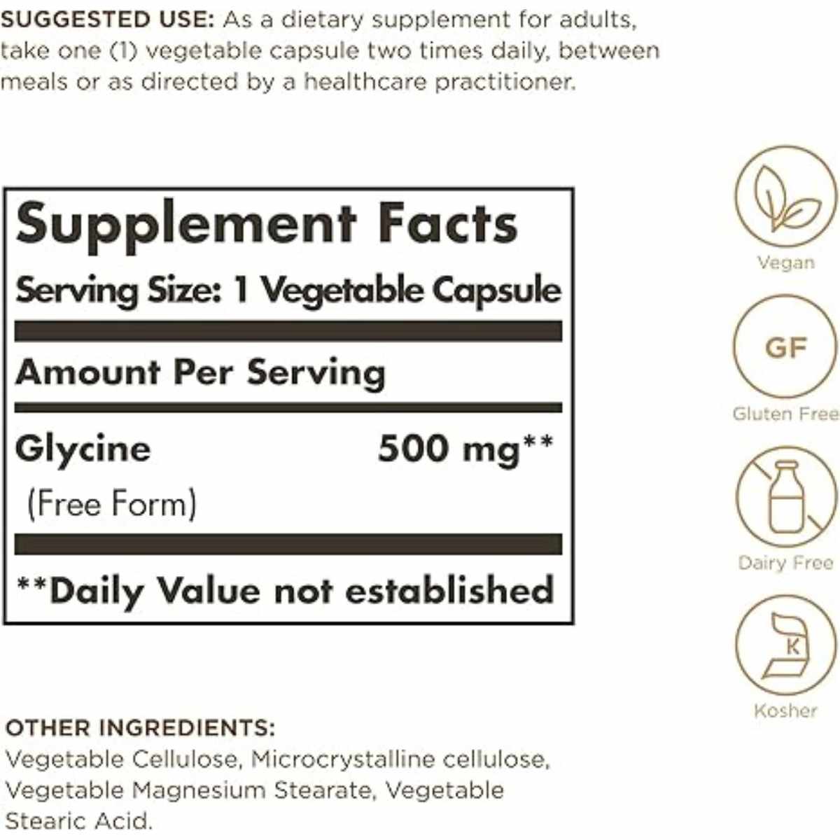 Solgar Glicina  500 mg - 100  Cápsulas Vegetales - Tabla Nutricional - Haz Tu Pedido