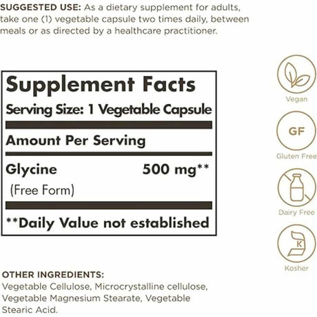 Solgar Glicina  500 mg - 100  Cápsulas Vegetales - Tabla Nutricional - Haz Tu Pedido