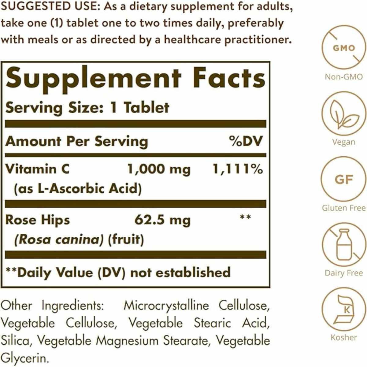 Solgar  Vitamina C con Rosa Mosqueta 1000 mg - 100 Tabletas - Tabla Nutricional - Haz Tu Pedido