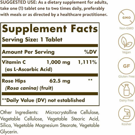 Solgar  Vitamina C con Rosa Mosqueta 1000 mg - 100 Tabletas - Tabla Nutricional - Haz Tu Pedido
