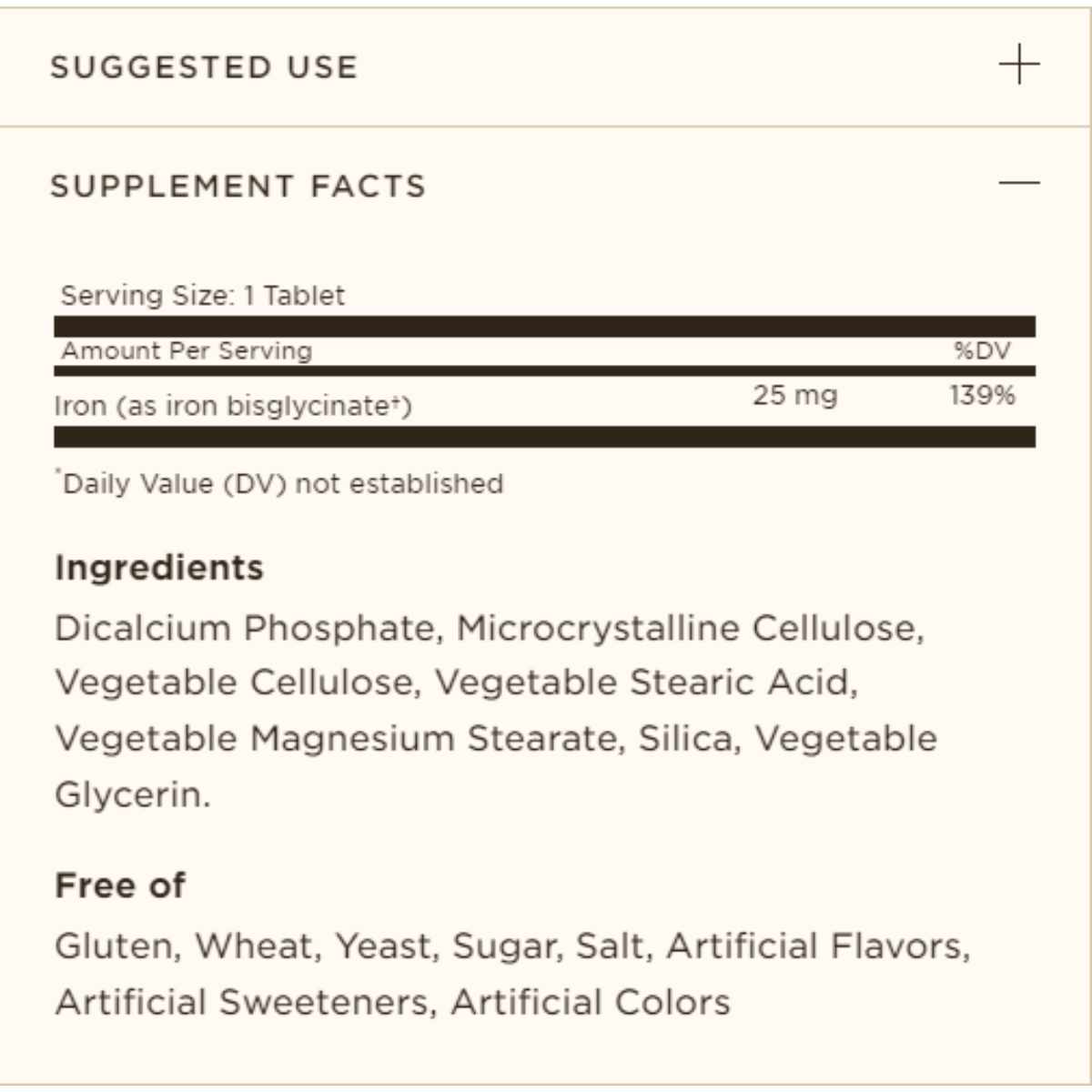 Solgar Hierro Quelado - 100  Tabletas - Tabla Nutricional - Haz Tu Pedido