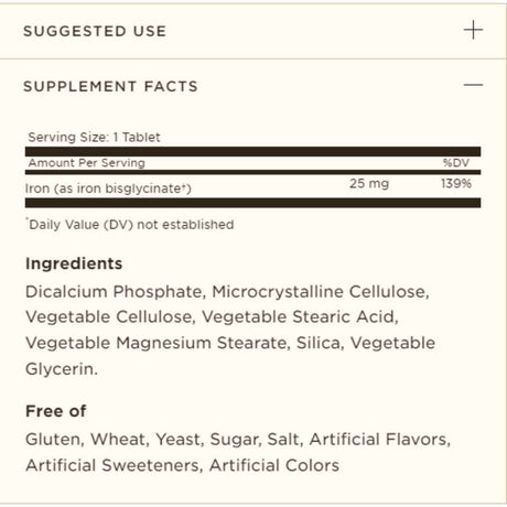 Solgar Hierro Quelado - 100  Tabletas - Tabla Nutricional - Haz Tu Pedido