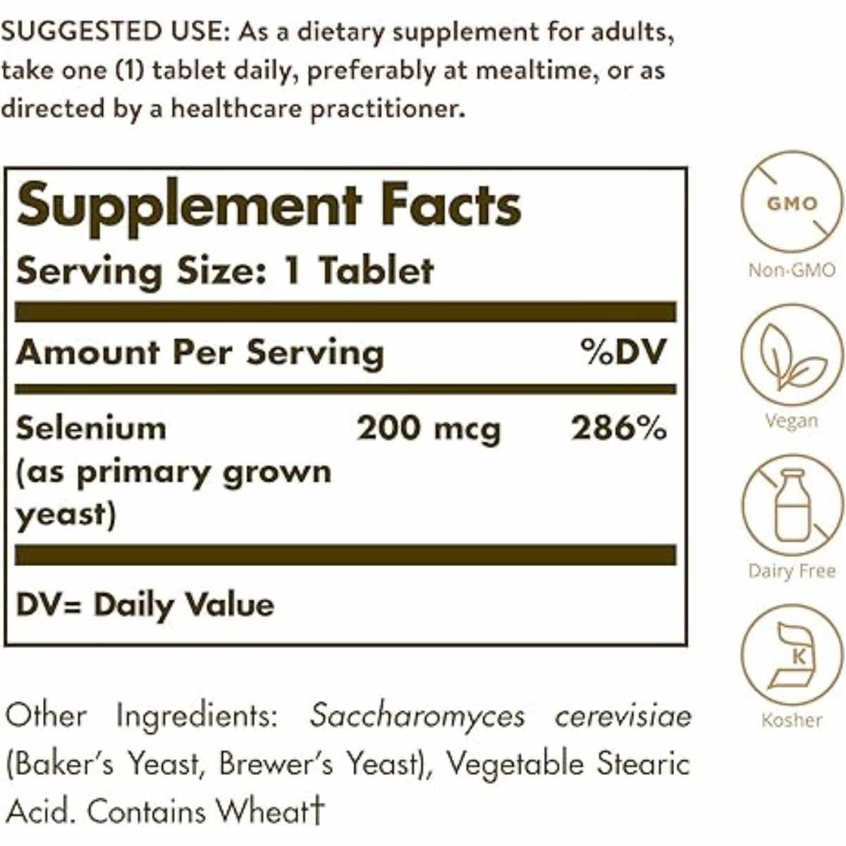 Solgar Selenio  200 mcg - 100  Tabletas - Tabla Nutricional - Haz Tu Pedido