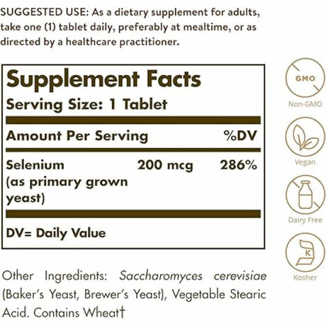 Solgar Selenio  200 mcg - 100  Tabletas - Tabla Nutricional - Haz Tu Pedido
