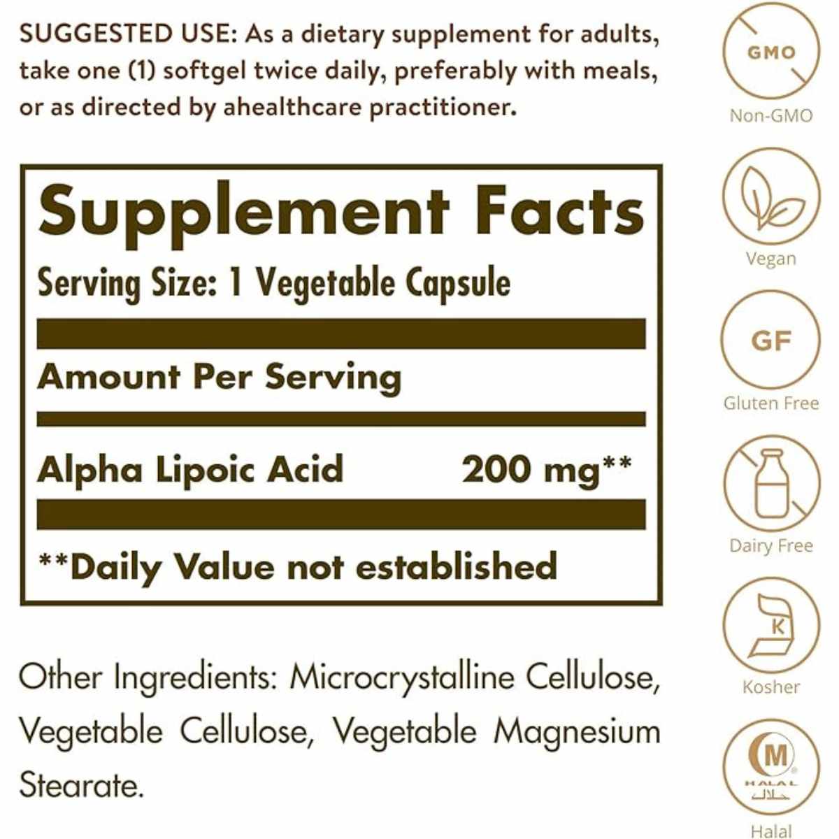 Solgar Ácido Alfa Lipoico 200 mg - 50  Cápsulas Vegetales - Tabla Nutricional - Haz Tu Pedido